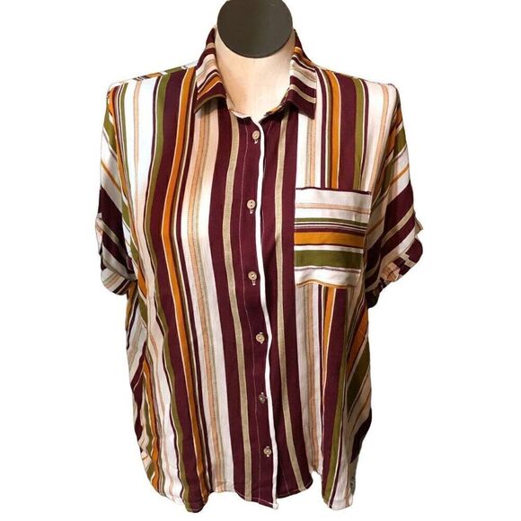 Polagram Blouse Womens M Striped Camp Shirt Explore Traveler Hostel - Picture 1 of 6